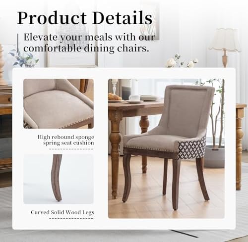 Beige Pattern Upholstered Dining Chairs Set of 4, Farmhouse Kitchen Chairs | Nailhead trim; solid wood legs; breathable fabric; high back; easy assembly; heavy duty dining chairs 400 lb capacity