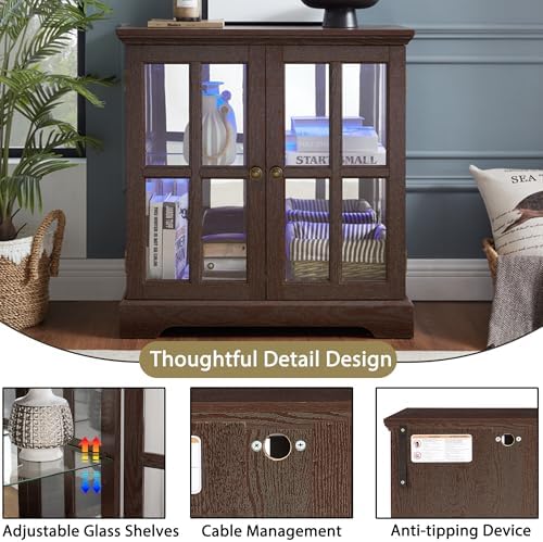 2 Door Curio Display Cabinet with LED Light & Adjustable Shelves, 30" Tableware Display Sideboard w/Mirrored Back Pane, Modern Glass Display Storage Cabinet for Kitchen & Living Room (Cherry)