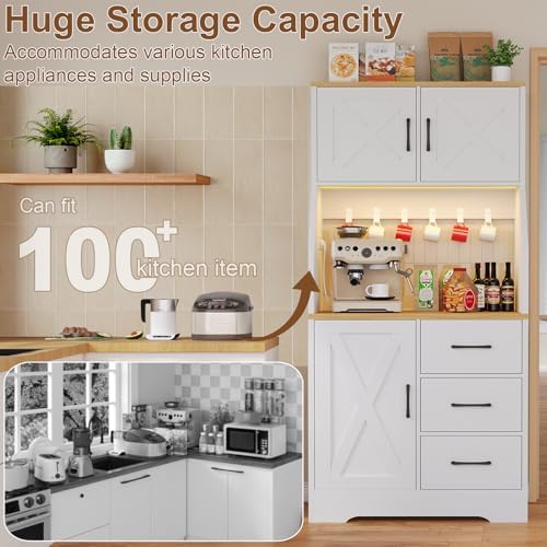 DreamDashio Pantry Cabinet with Adjustable Shelves and 3 Drawers, Tall Kitchen Pantry Storage Cabinet with LED Light & Charging Station, Kitchen Hutch with Microwave Shelf & 6 Hooks for Dining Room