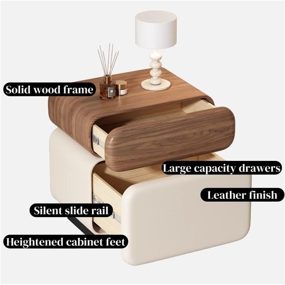 Modern Nightstand with 2 Drawers Minimalist Stylish Bedside Table Handleless Design Night Stands with Leather End Table for Room All Occasion(White,30 cm)