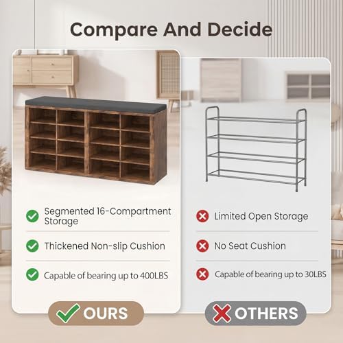 Shoe Rack Bench, Shoe Storage Bench with Cushion, Shoe Organizer 16 Cubbies for Entryway Hallway Bedroom Living Room, Holds Up to 400lbs