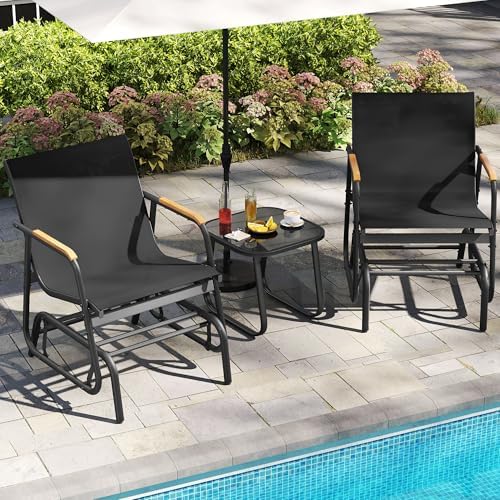 YITAHOME 3 Piece Patio Glider Set Textilene Gliders Outdoor Furniture Black | Heavy-duty Patio Glider Set w/Breathable Fabric, Smooth Gliding, Wooden Armrest, Tempered Glass Table, Easy Assembly Cleaning
