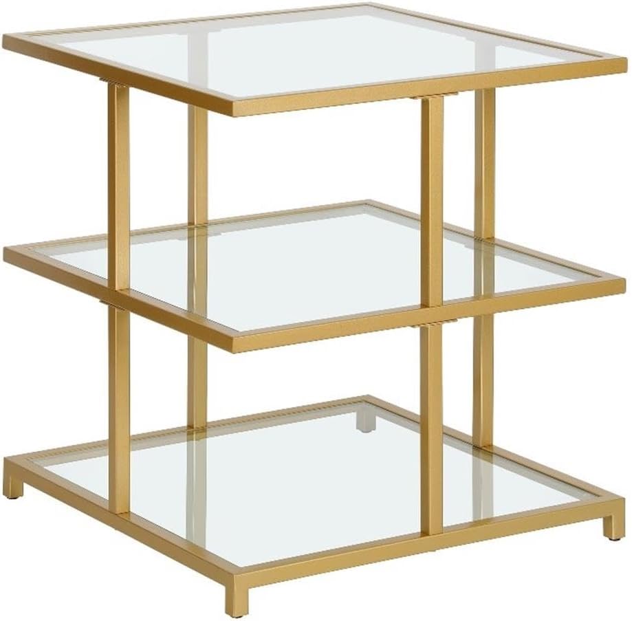 Pemberly Row Contemporary 22" Gold Finish Side Table, Handcrafted Metal Frame, Tempered Glass Shelves, Cantilevered Design, Modern Accent Table for Living Room, Family Room or Bedside