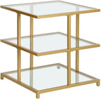 Pemberly Row Contemporary 22" Gold Finish Side Table, Handcrafted Metal Frame, Tempered Glass Shelves, Cantilevered Design, Modern Accent Table for Living Room, Family Room or Bedside