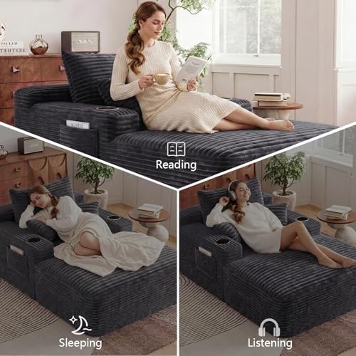 65" Oversized Chaise Lounge Chair Indoor, Chaise Lounge Chair with Cup Holders Side Pockets 3 Pillows, Cloud Corduroy Chaise Sofa Bed Sleeper Couches for Living Room No Assembly Require,Grey