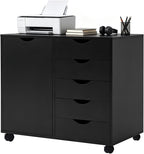 5 Drawer Wood Storage cabinets, Chest of Drawers for Home Office, Printer Stand with Adjustable Shelf (Black)