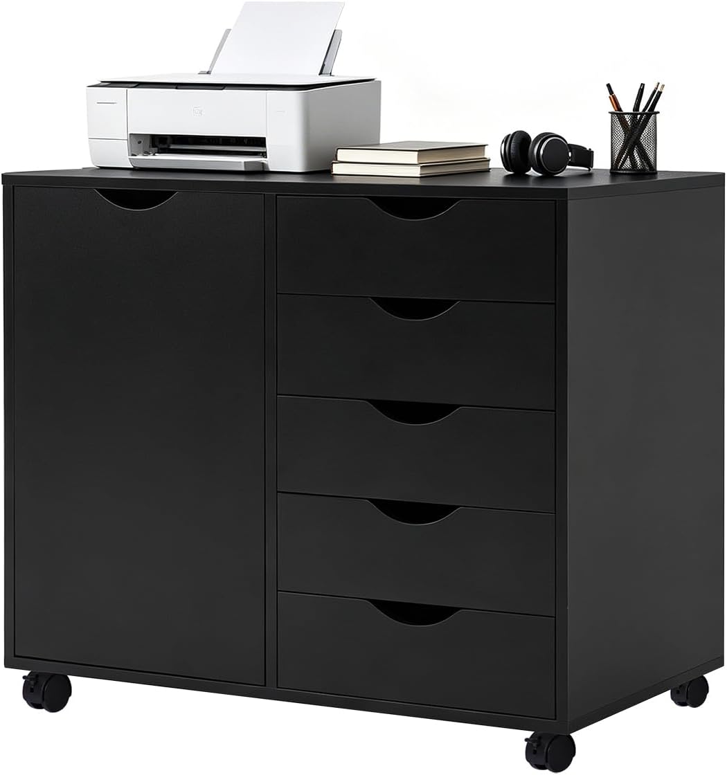 5 Drawer Wood Storage cabinets, Chest of Drawers for Home Office, Printer Stand with Adjustable Shelf (Black)