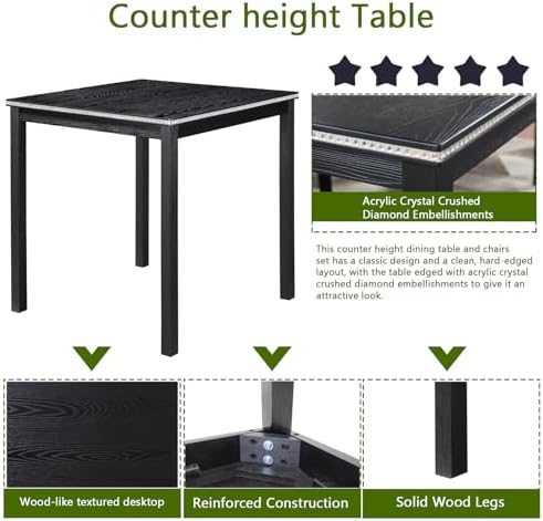 LUMISOL Dining Table Set for 4, Solid Wood Counter Height Kitchen Table Set with 4 Upholstered Chairs, Farmhouse Table and Chairs for Kitchen, Dining Room, Home Bar, Black