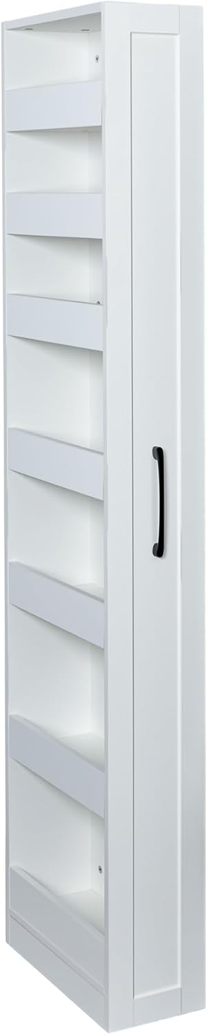 7 Tier Pull-Out Storage Cabinet with Handle & Wheels, Tall Narrow Spice Rack Next to Fridge, Wood Food Pantry for Kitchen, Dining Room, White
