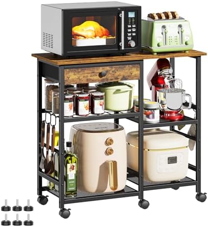 Microwave Stand, Coffee Cart, Microwave Cart with Wheels & Adjustable Shelf | Coffee Bar Table Station, Rolling Storage Cart Organizer Shelf for Living Room, Kitchen Island, Office, Rustic Brown