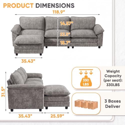 Homall 118.9" L Shaped Cloud Couch, Modular Sectional Sofa for Living Room | Comfy Chenille, Movable Ottoman, 30" Deep Seat, Washable Cover, Sturdy Frame, High-Density Foam, Easy Assembly, Light Grey