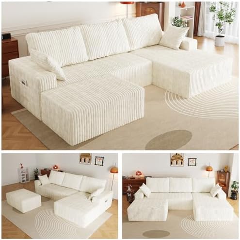 108" U-Shape Modular Sectional Cloud Cream Couch with Ottoman, Deep Seat Couch with Oversized Chaise Lounge, Comfy Flannel Fabric Sofa for Living Room Bedroom Apartment