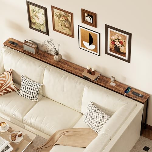SUPERJARE 102.4 inch Narrow Behind Couch Table with Charging Stations | Power Outlet with USB-C Ports, Extra Storage Behind Sofa,Sofa Table Console Table for Entryway Living room, Rustic Brown