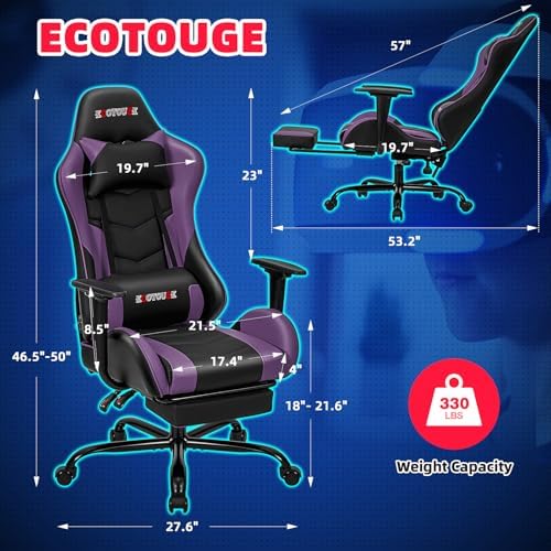 ECOTOUGE Violet Ergonomic PC Massage Gaming Chair with Footrest | Reclining Racing PU Leather, Swivel Rocker, Headrest, Lumbar Pillow, Office Desk Chair, Adjustable Height, Sturdy Base