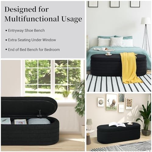 Teddy Sherpa Oval Black Ottoman with Storage, 45.5-inch Bench | Teddy Upholstered Window Bench Hidden Storage, Safety Hinge and Seating, for Living Room, Bedroom, Small Apartment