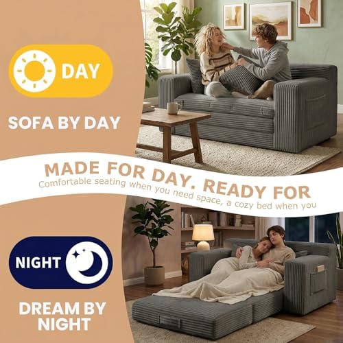Loveseat Sofa Bed, Tri-Folding Convertible Futon Sleeper with Handle & Side Pockets, 54'' Couch with Hook and Loop No Assembly for Small Space,Living Room & Bedroom