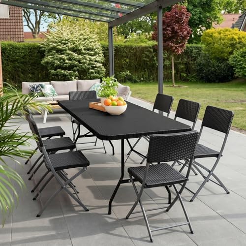 6FT Folding Table Portable Picnic Table Heavy-Duty Fold-in-Half Utility 6 Foot Foldtable Table with Carry Handle for Outdoor Indoor Party, Dining, Wedding, Camping, Black Ratten