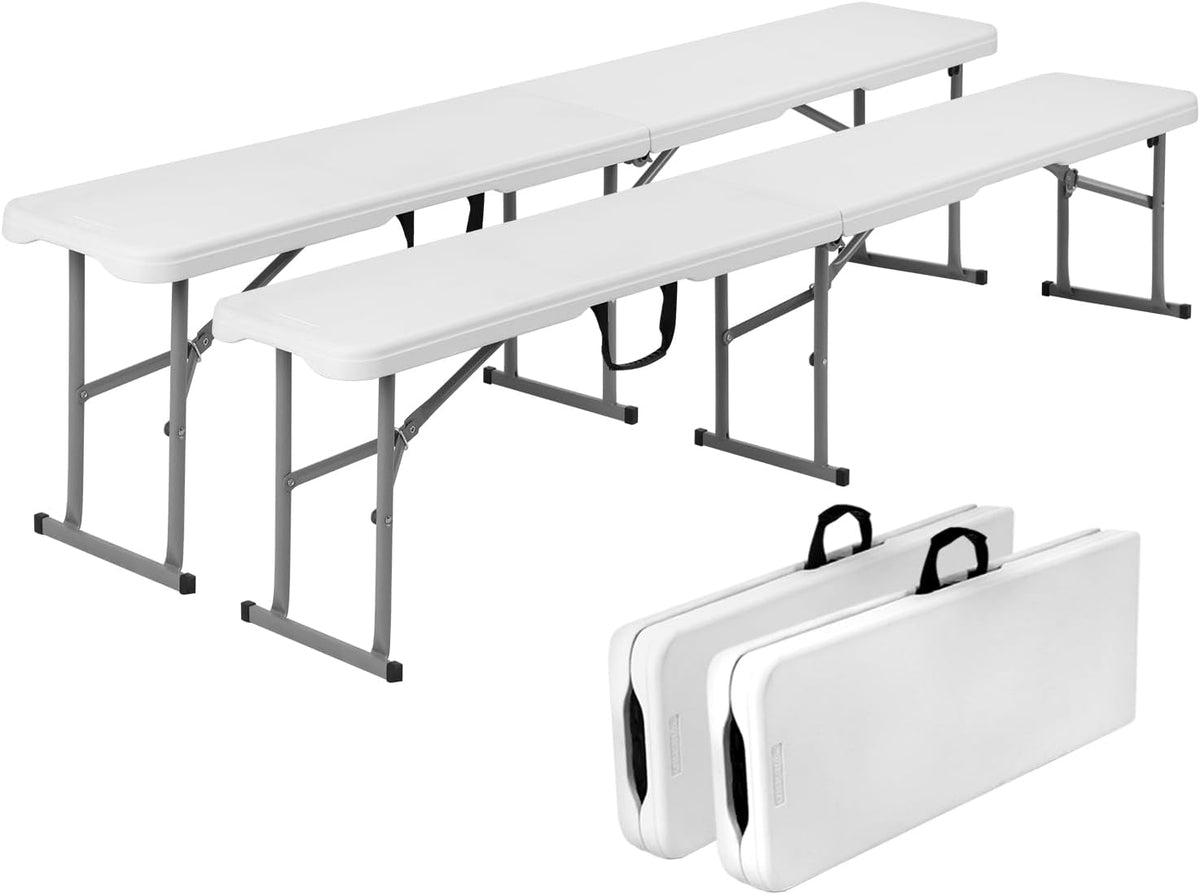 Folding Bench 6ft,Portable Plastic Bench Seat with Handle,White,2 Pack | Heavy Duty HDPE,Powder-Coated Steel Legs,Strong Weight Support,Indoor Outdoor for Parties,Gatherings,Dining,Camping,Events