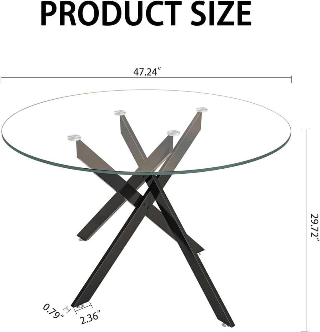 47" Round Glass Dining Table for 4-6, Circle Kitchen Table with Tempered Glass Top & Black Metal Cross Legs, Modern Glass Dinner Table for Kitchen Dining Room Small Apartment