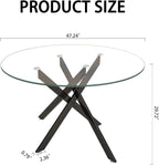 47" Round Glass Dining Table for 4-6, Circle Kitchen Table with Tempered Glass Top & Black Metal Cross Legs, Modern Glass Dinner Table for Kitchen Dining Room Small Apartment