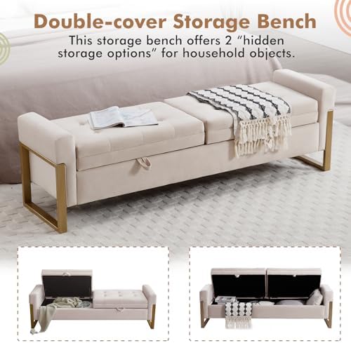 67" Storage Bench for Bedroom, End of Bed Bench King Size, Beige | Double Lids Storage Ottoman Bench with Golden Legs, Upholstered Velvet Bench for Foot of Bed Window Living Room Entryway