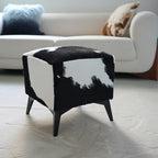 Faux Cowhide Ottoman, Upholstered Foot Stool,Animal Print Ottoman - 16 x 16 x 17 Inches, Cube Footrest with Solid Metal Legs for Living Room, Bedroom & Entryway(Black & White)