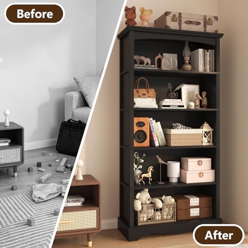 TVU 5-Tier Wooden Bookshelf, 31.5" W x 65" H ×9.9" D Bookshelf with Storage, Floor Standing Modern Style Display Bookcase for Living Room, Office, Study Room, Entryway, Black