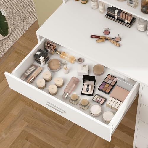 Quimoo Vanity Desk with Mirror & Lights, Makeup Vanity with 5 Drawers & Storage Shelves, White Vanity Table, 3 Color Modes & Adjustable Brightness, Dressing Table, Bedroom