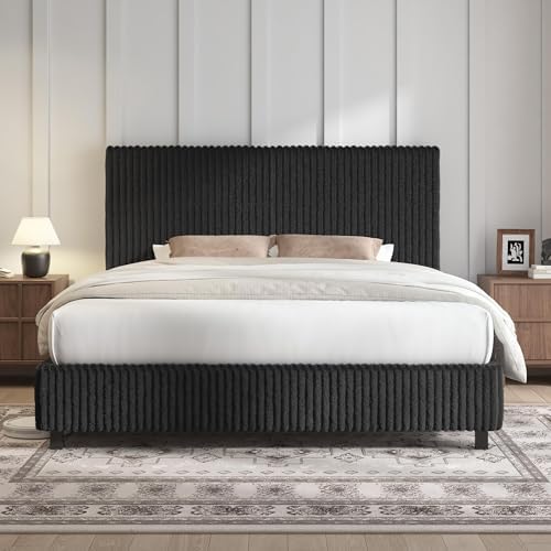 AMERLIFE Queen Bed Frame, Upholstered Metal Platform Bed, Black