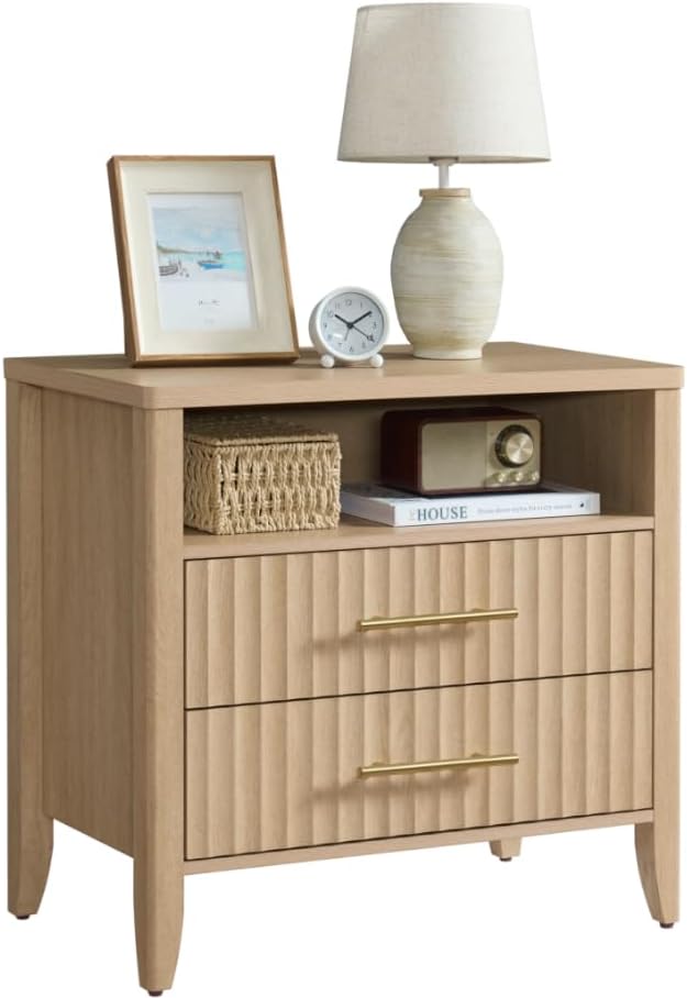 Fluted Nightstand with 2 Drawers, 27" Modern Nightstands Set of 2 with Storage, Large Queen Size Bed Side Table and End Table for Bedroom, Living Room, Office,(Natural Oak,2 Pieces)
