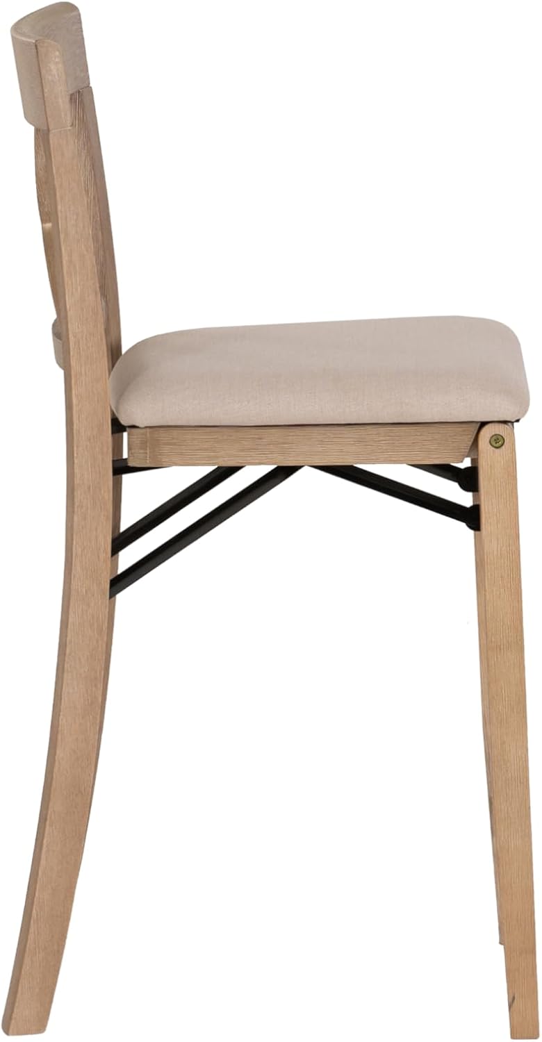 Linon Triena X Back Neutral Greywash Wooden Fully Assembled Folding 24 Inch Seat Height Counter Stool with Beige Upholstered Seat