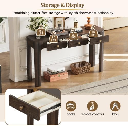 Bellemave 52" Rustic Console Table with 3 Drawers & Curved Corners, Wooden Sofa Tables Behind the Couch, Narrow Entryway Table with Thick Legs for Entrance, Hallway & Living Room (Espresso)