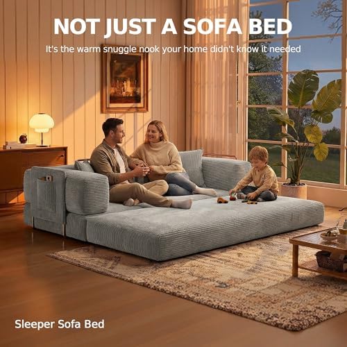 MoonSpeak 78.8'' Futon Sofa Bed, Couches for Living Room | Corduroy Convertible Futon Sofa Bed with Storage Pocket, Modular Sleeper Couch in a Box, No Assembly (Gray)
