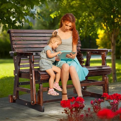 VINGLI Outdoor Glider Wood Patio Chair with Cup Holders, Outdoor Bench Glider Loveseat with Smooth Rocking Mechanism, Heavy Duty 800 LBS, Rustic