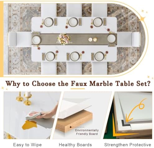 79" White Gold Dining Table Set for 8, Luxury Faux Marble Dining Table Set for 8 with White Gold Chairs, Kitchen Table Set with Gold Chrome Legs for Dining Room, Office