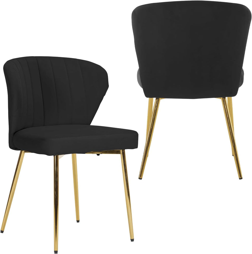 MOJAY Velvet Dining Chairs Set of 2, Modern Upholstered Dining Room Chairs with Gold Metal Legs, Accent Vanity Chairs for Kitchen, Living Room, Patio (Black)