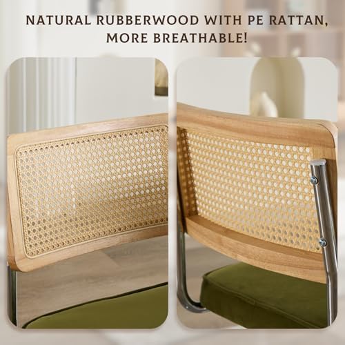 Rattan Dining Chairs Set of 4,Upholstered Mid-Century Modern Dining Room Chairs with Cane Backrest,Retro Velvet Kitchen Chairs with Stainless Chrome Base,Green