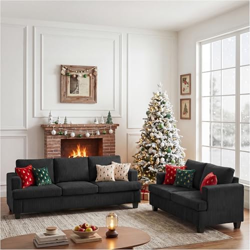 Apicizon Loveseat & 3 Seater Sofa Sets, 89" Couch Sofa Set for Living Room Furniture, 2 Piece Modern Sleeper Sofa with Deep Seat Cloud Couch for Apartment Lounge, Black Corduroy