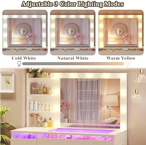 HUAHUU Vanity Desk with Lighted Mirror & Transparent Top, Makeup Vanity Desk with 4 Transparent Drawers and RGB Lighting, Built-in Power Outlet, 3-Tier Side Shelves & Storage Organizer for Bedroom