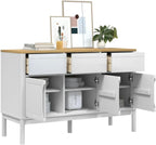 White Sideboard Buffet Cabinet, Solid Pine Wood and Engineered Wood Credenza with 2 Drawers and 3 Doors, Accent Storage Cabinet for Dining Room, Living Room, Hallway, 44.9 Inch