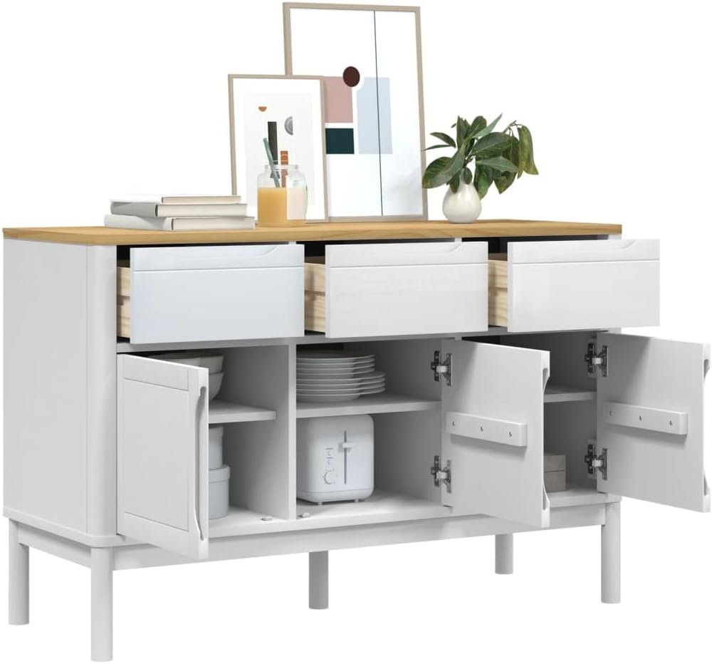 White Sideboard Buffet Cabinet, Solid Pine Wood and Engineered Wood Credenza with 2 Drawers and 3 Doors, Accent Storage Cabinet for Dining Room, Living Room, Hallway, 44.9 Inch