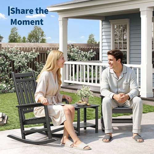 HDPE Rocking Chair Outdoor Set of 2 with Side Table, High Back Rocker | All Weather Resistant & Wood Textured Furniture for Patio Front Porch - Black