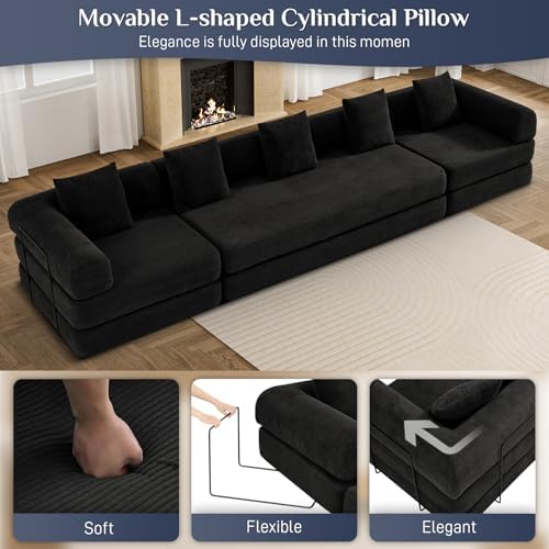 DAMAIFROM Convertible Sleeper Sofa Bed Floor Couch, Black | 158" Corduroy Modular Compressed Futon Sofa Bed, Pull-Out Cloud Sectional Couch with Memory Foam Mattress for Living Room