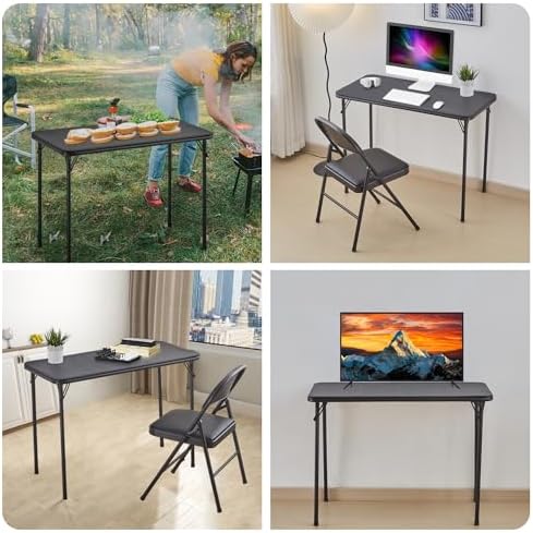 KAIHAOWIN Folding Table Chair Set, Black Vinyl Folding Card Table Chair, No Assembly Required Lightweight Foldable Table Chair Set for Everyday Use Indoor/Outdoor/Camping