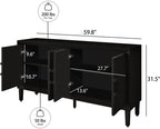 Large Buffet Sideboard Cabinet with Storage,60" Modern Cedenzas Buffet Table American Farmhouse Charm Cabinet with 4 Symmetrical Sunburst Doors for Living Room Hallway, Antique Black