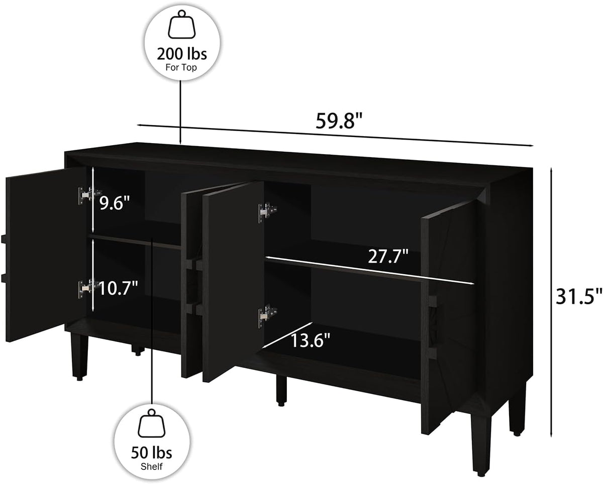Large Buffet Sideboard Cabinet with Storage,60" Modern Cedenzas Buffet Table American Farmhouse Charm Cabinet with 4 Symmetrical Sunburst Doors for Living Room Hallway, Antique Black
