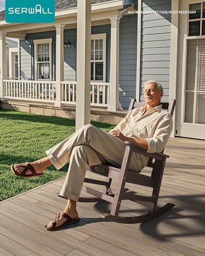 SERWALL Outdoor Rocking Chair Set of 2, HDPE Rocker for Adults, Brown | 21.1" Widened Seat adds Extra Comfort, Oversized Rocking Chair for Adults, All Weather Porch Rocker for Lawn Garden