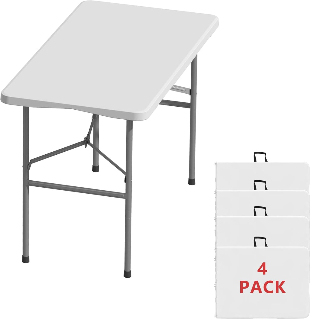 4FT Folding Tables – Heavy Duty Portable Foldable Picnic Table with Built-in Handle, 450 lb Capacity – Ideal for Events, Parties, Crafts, Camping & Dining (4-Pack, White)