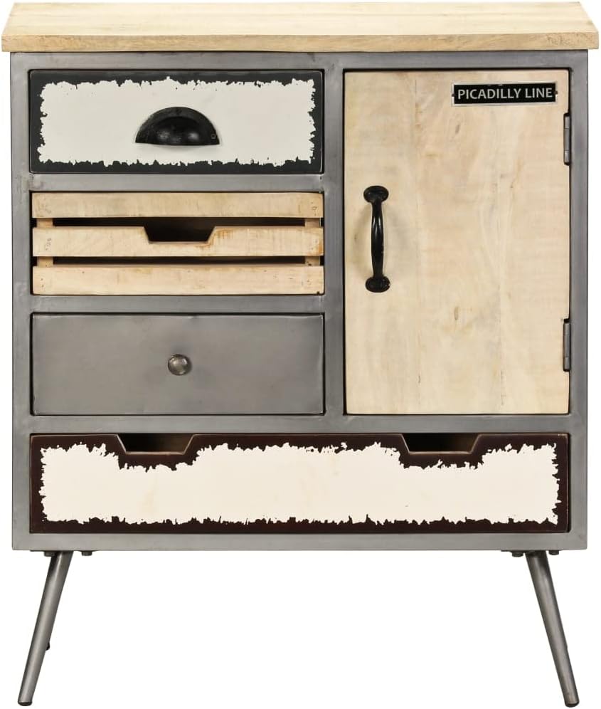 Mid-Century Modern Sideboard in Natural Mango Wood with Steel Accents, 4 Drawers and Spacious Cupboard for Living Room Dining Room Hallway Storage, Industrial Style Durable