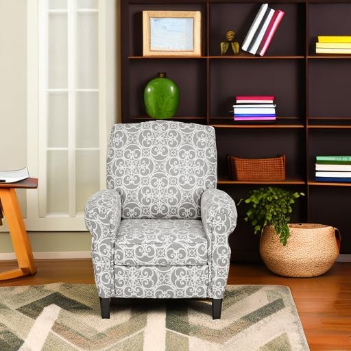 Madison Park Kirby Recliner Chair - Solid Wood, Plywood, Rolled Back Button Tufted Accent Armchair Modern Classic Style Family Room Sofa Furniture, Grey